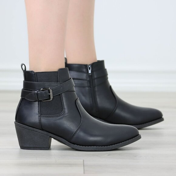 Shoes - Womens Ankle Boots Low Block Heel Brown Synthetic Leather Pointed Toe Buckles